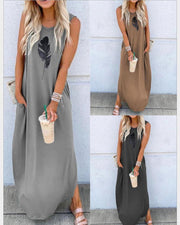 Printed sleeveless shift vest casual long dress - bagstylebliss