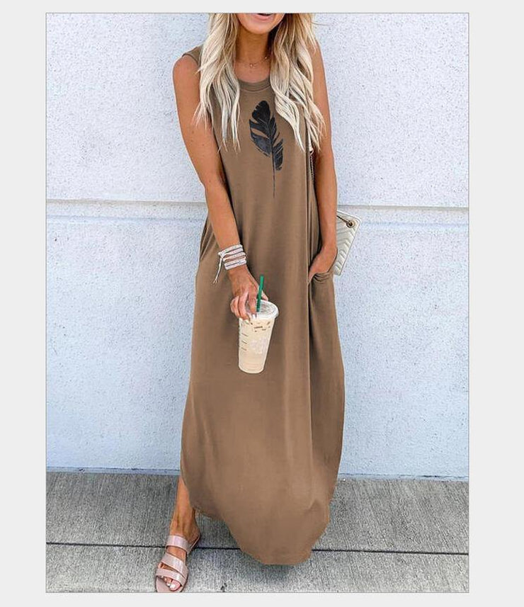 Printed sleeveless shift vest casual long dress - bagstylebliss