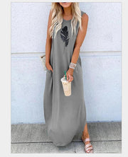 Printed sleeveless shift vest casual long dress - bagstylebliss