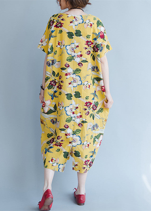 women yellow Midi linen dresses trendy plus size traveling clothing vintage back open floral cotton dresses