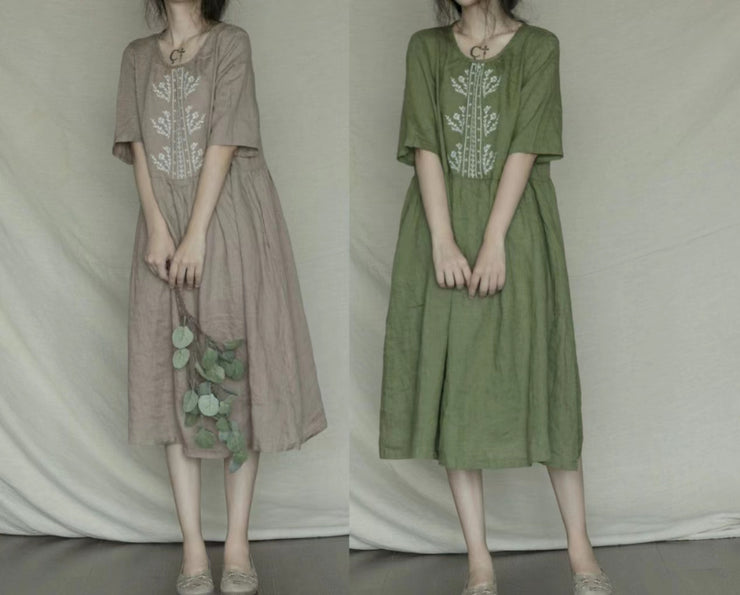 Bohemian Green besticktes lässiges Leinenkleid mit kurzen Ärmeln