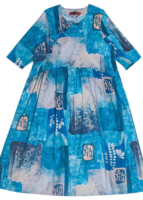 100% Blue Print Quilting Clothes O Neck Cinched A Line Spring Dresses - bagstylebliss