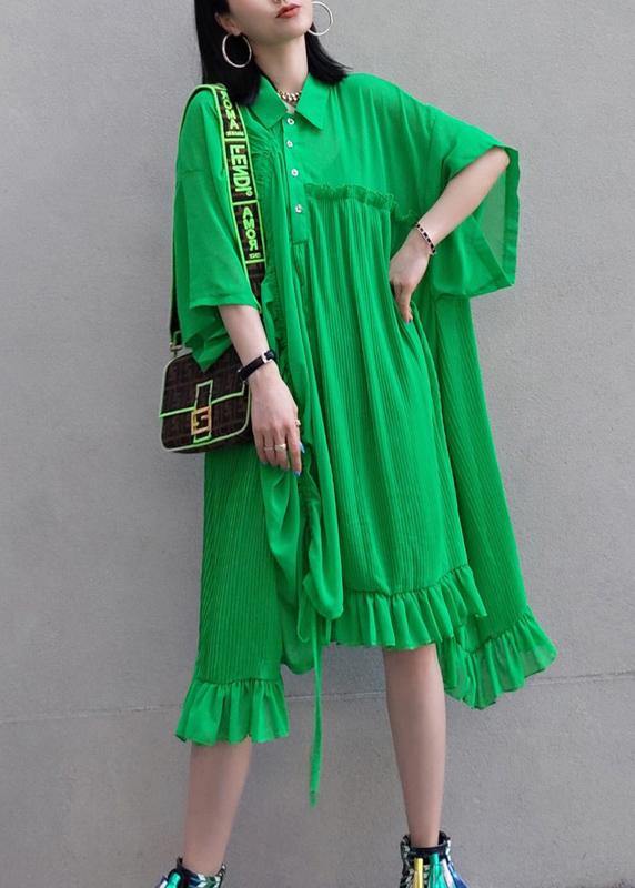 100% Green Dress Lapel Asymmetric Summer Dress - bagstylebliss