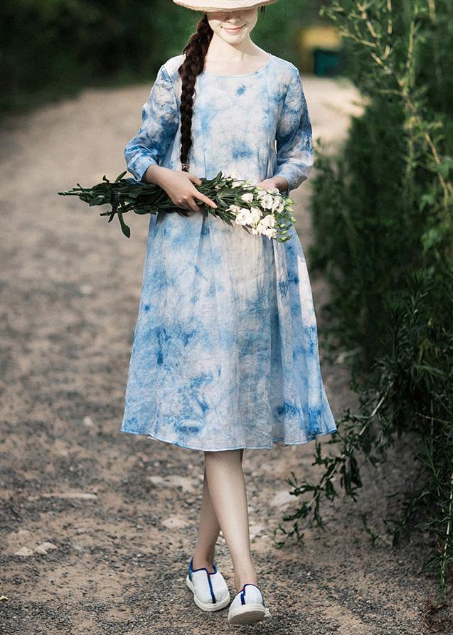 100% O-Neck Half Sleeve Summer Blue Print Dress - bagstylebliss