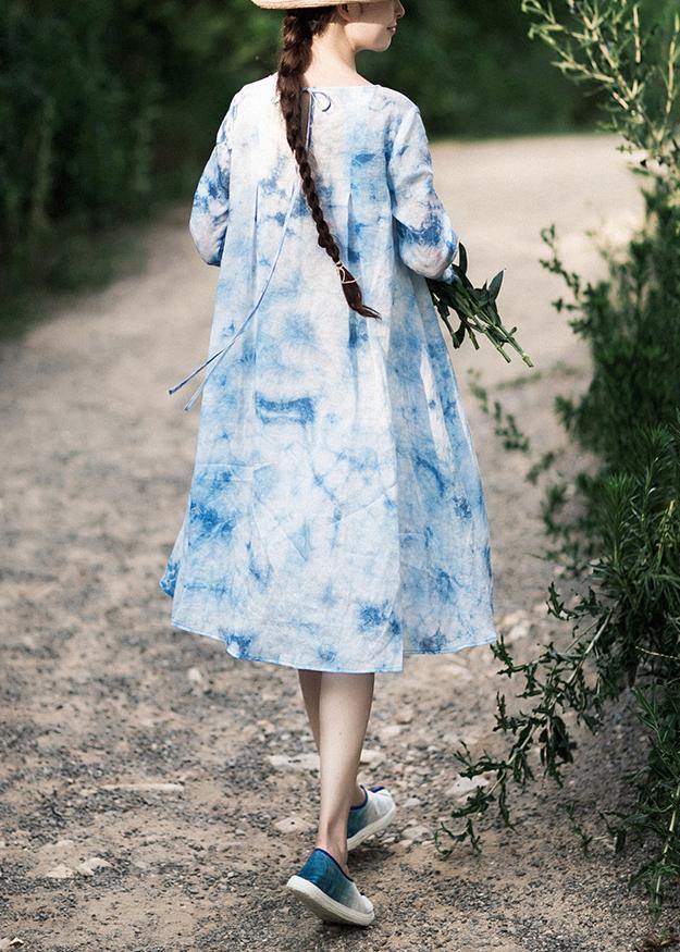 100% O-Neck Half Sleeve Summer Blue Print Dress - bagstylebliss