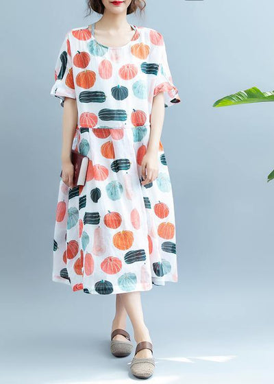 100% Pumpkin  Print Robes O Neck  Maxi Summer Dress - bagstylebliss