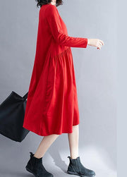 100% Red Wardrobes O Neck Wrinkled Kaftan Spring Dresses - bagstylebliss