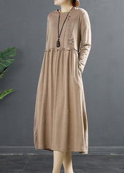 100% Ruffled Patchwork Clothes Pattern Khaki Maxi Dresses - bagstylebliss