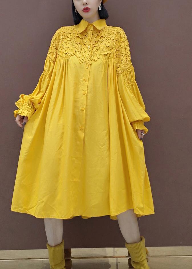 100% Stand Collar Patchwork Lace Quilting Clothes Catwalk Yellow Robes Dresses - bagstylebliss