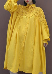 100% Stand Collar Patchwork Lace Quilting Clothes Catwalk Yellow Robes Dresses - bagstylebliss