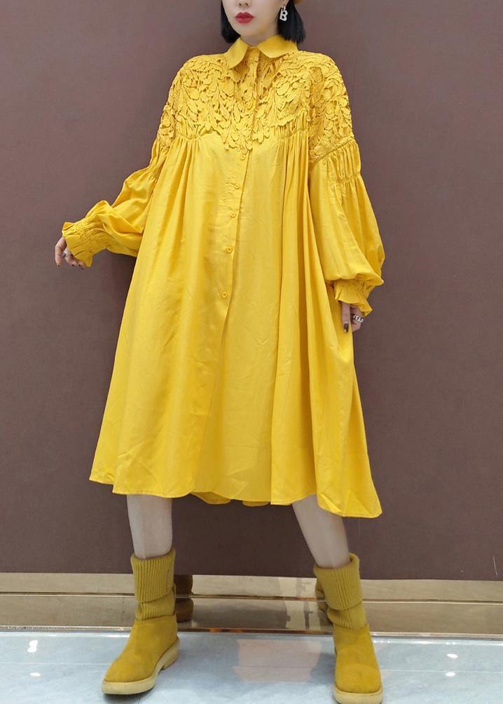 100% Stand Collar Patchwork Lace Quilting Clothes Catwalk Yellow Robes Dresses - bagstylebliss