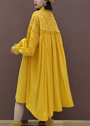 100% Stand Collar Patchwork Lace Quilting Clothes Catwalk Yellow Robes Dresses - bagstylebliss