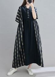 100% V Neck Patchwork Spring Clothes Sleeve Black Plaid Maxi Dress - bagstylebliss