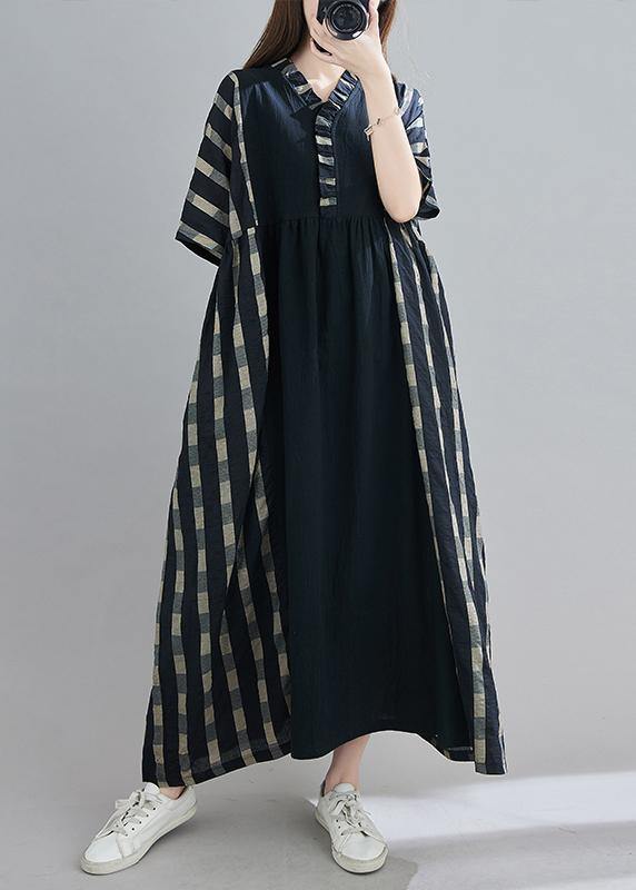 100% V Neck Patchwork Spring Clothes Sleeve Black Plaid Maxi Dress - bagstylebliss