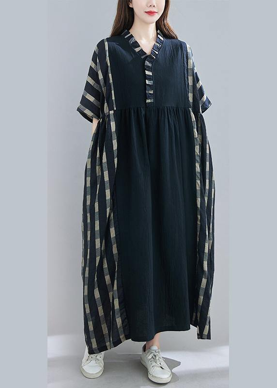 100% V Neck Patchwork Spring Clothes Sleeve Black Plaid Maxi Dress - bagstylebliss