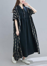 100% V Neck Patchwork Spring Clothes Sleeve Black Plaid Maxi Dress - bagstylebliss