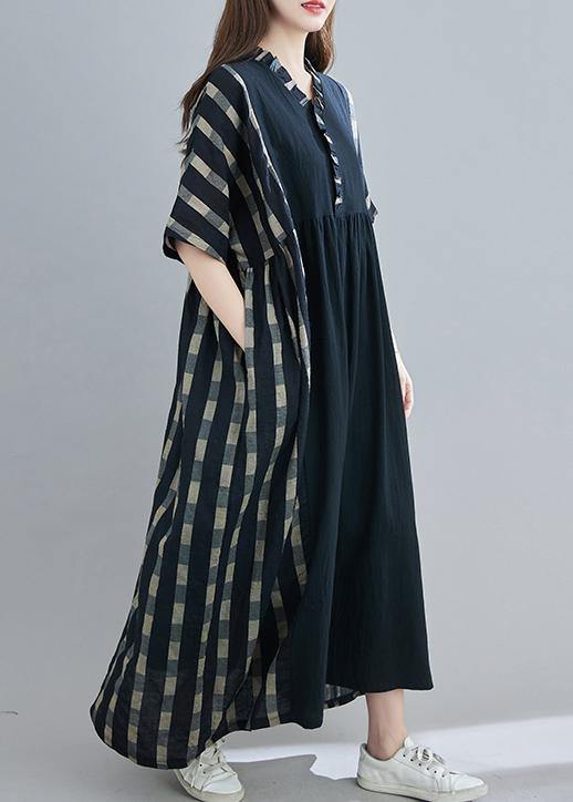 100% V Neck Patchwork Spring Clothes Sleeve Black Plaid Maxi Dress - bagstylebliss