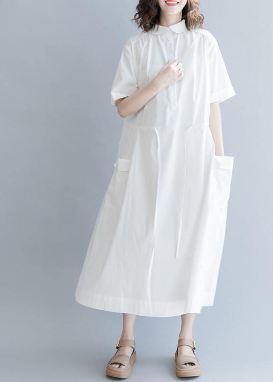 100% White Cotton Tunic Drawstring long Summer Dress - bagstylebliss