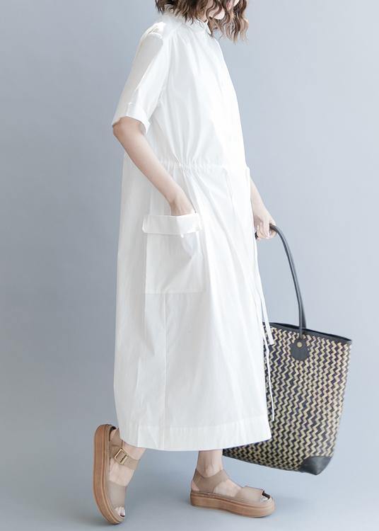 100% White Cotton Tunic Drawstring long Summer Dress - bagstylebliss