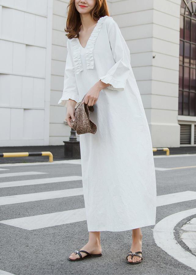 White Cotton Dress Long Ruffles Traveling Dresses - bagstylebliss