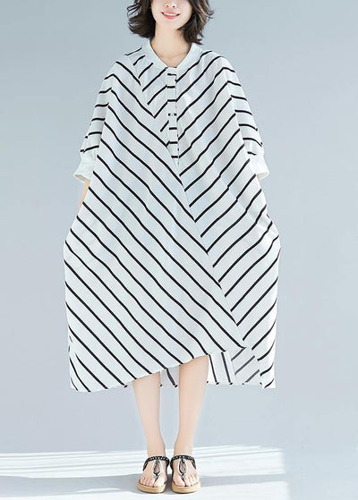 100% White Striped Tunic Dress Asymmetric  Spring Dress - bagstylebliss