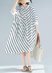 100% White Striped Tunic Dress Asymmetric  Spring Dress - bagstylebliss