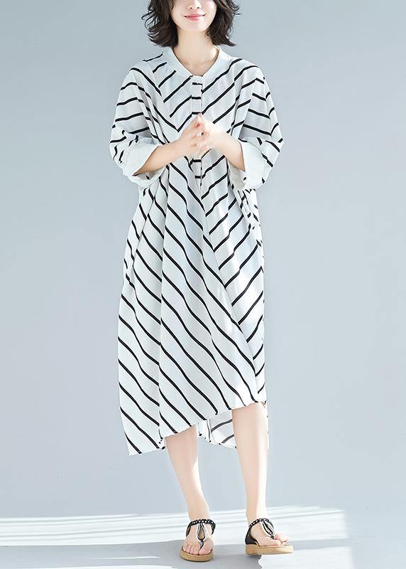 100% White Striped Tunic Dress Asymmetric  Spring Dress - bagstylebliss