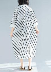 100% White Striped Tunic Dress Asymmetric  Spring Dress - bagstylebliss