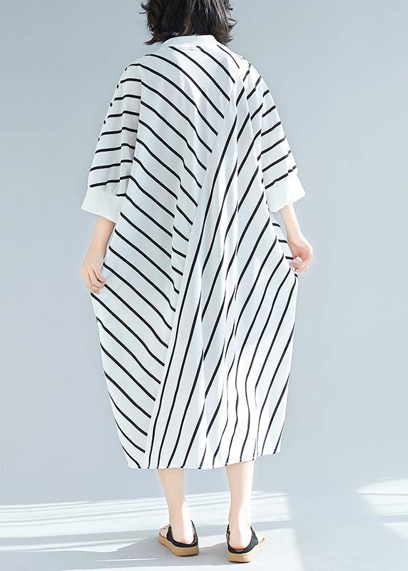 100% White Striped Tunic Dress Asymmetric  Spring Dress - bagstylebliss