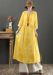 100% Yellow Print Dresses V Neck Tie Waist Robes Spring Dress - bagstylebliss