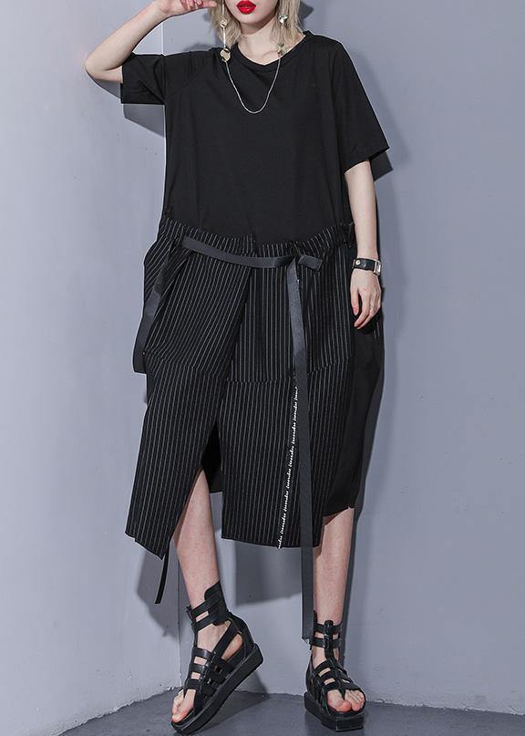 100% black Cotton 0patchwork striped Plus Size summer Dresses - bagstylebliss
