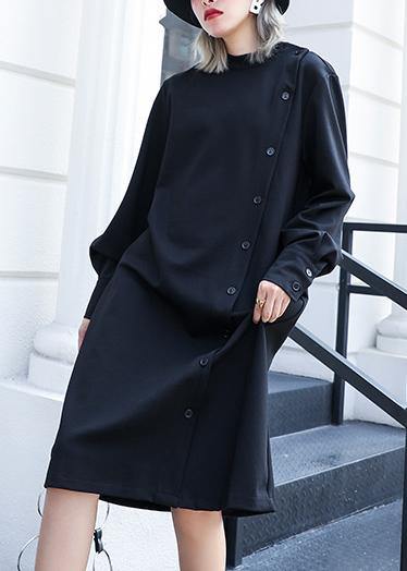 100% black Cotton tunic top stand collar Button cotton fall Dress - bagstylebliss