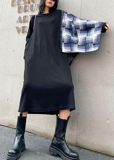 100% black Wardrobes o neck pockets plaid Maxi fall Dress - bagstylebliss