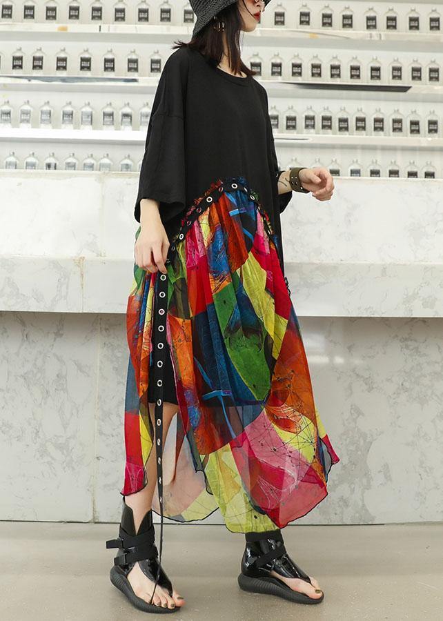100% black cotton dresses patchwork prints chiffon Traveling summer Dresses - bagstylebliss