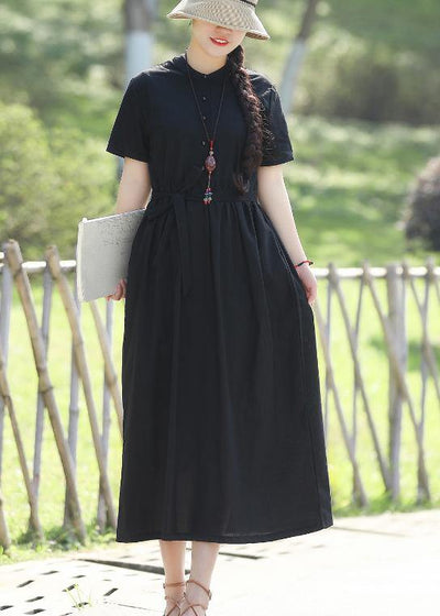 100% black linen dresses tie waist long summer stand collar Dress - bagstylebliss