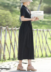 100% black linen dresses tie waist long summer stand collar Dress - bagstylebliss