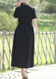 100% black linen dresses tie waist long summer stand collar Dress - bagstylebliss