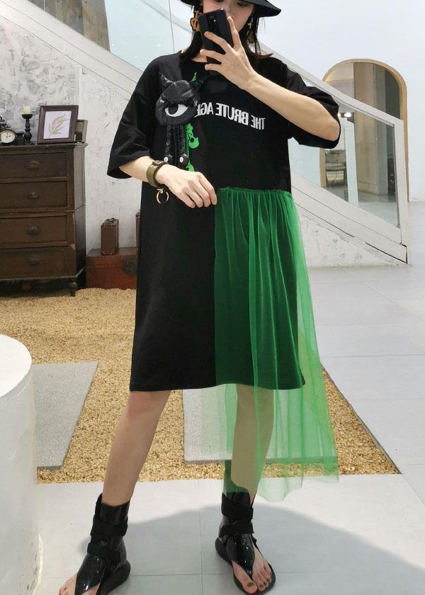 100% black patchwork tulle Cotton tunic dress short sleeve tunic Dresses - bagstylebliss