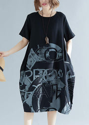 Black Print Cotton Blend Clothes For Women Organic Inspiration O Neck Patchwork Loose Summer Dresses - bagstylebliss