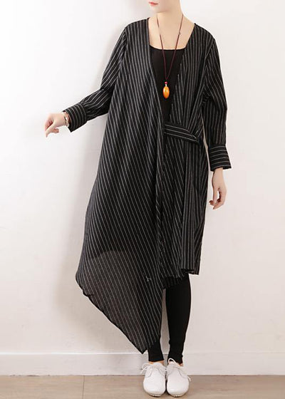 100% black striped clothes Women v neck tie waist Maxi fall Dress - bagstylebliss