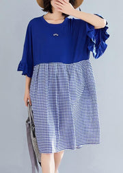 100% blue Plaid Cotton clothes Sweets Runway o neck Butterfly Sleeve shift Summer Dress - bagstylebliss