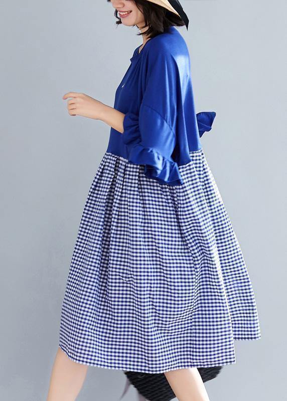 100% blue Plaid Cotton clothes Sweets Runway o neck Butterfly Sleeve shift Summer Dress - bagstylebliss