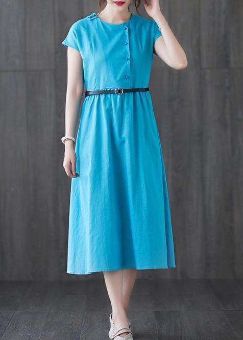 100% blue linen dresses o neck patchwork Love summer Dresses - bagstylebliss