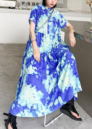100% blue print cotton tunics for women stand collar patchwork Plus Size Dresses - bagstylebliss