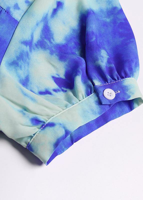 100% blue print cotton tunics for women stand collar patchwork Plus Size Dresses - bagstylebliss