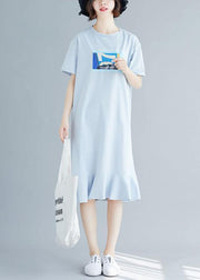100% blue prints o neck cotton dress ruffles hem Robe summer Dresses - bagstylebliss