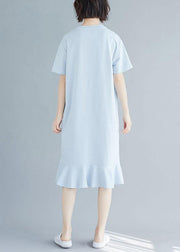 100% blue prints o neck cotton dress ruffles hem Robe summer Dresses - bagstylebliss
