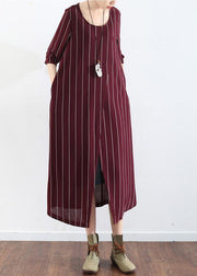 100% burgundy cotton clothes For Women plus size Catwalk striped Dresses summer Dresses - bagstylebliss