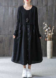 100% cotton Tunic Omychic Cotton Solid Spliced Female Long Sleeve Black Dress - bagstylebliss