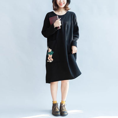 100% cotton black carton sweat dresses long sleeve cotton dresses oversized 146cm bust - bagstylebliss